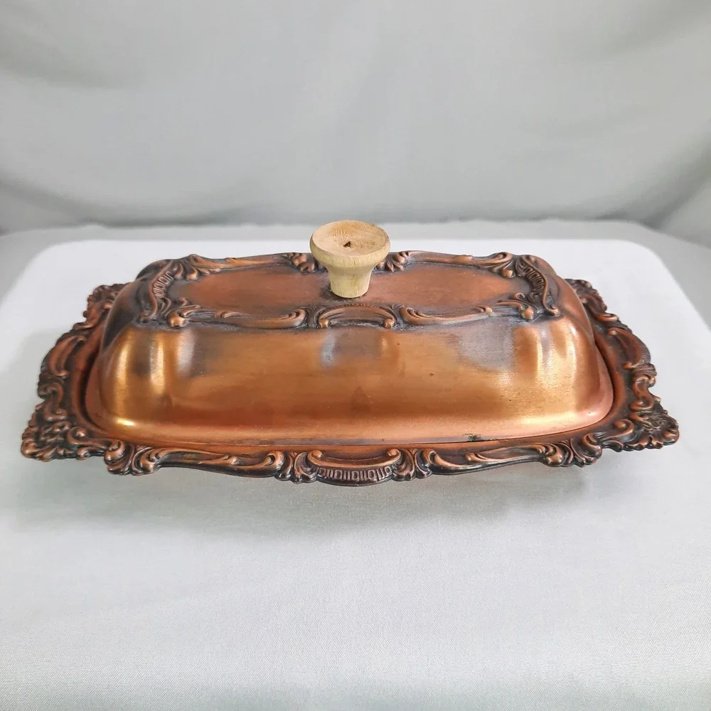 Vintage Copper Covered Butter Dish with Glass Insert Lid Ornate Cottagecore